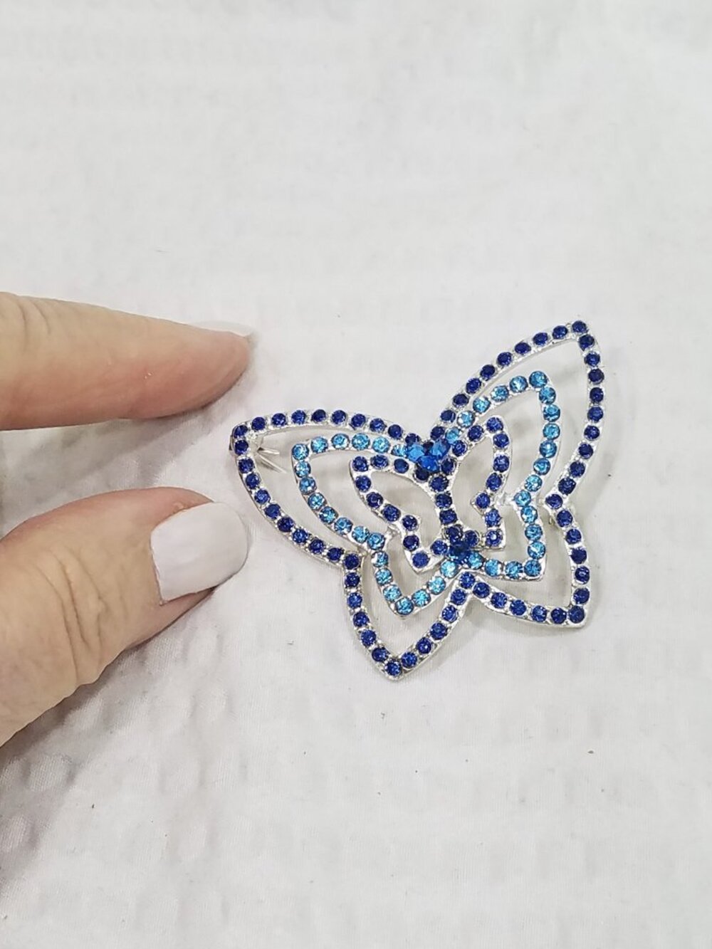 New!  Two Tone Blue Crystal & Silver Tone Layered Openwork Butterfly Brooch